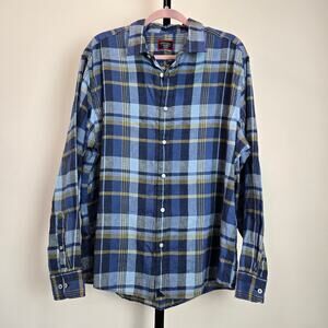 Men's Untuckit Tribuno Linen Long Sleeve Button Up Shirt Blue Yellow Plaid XL